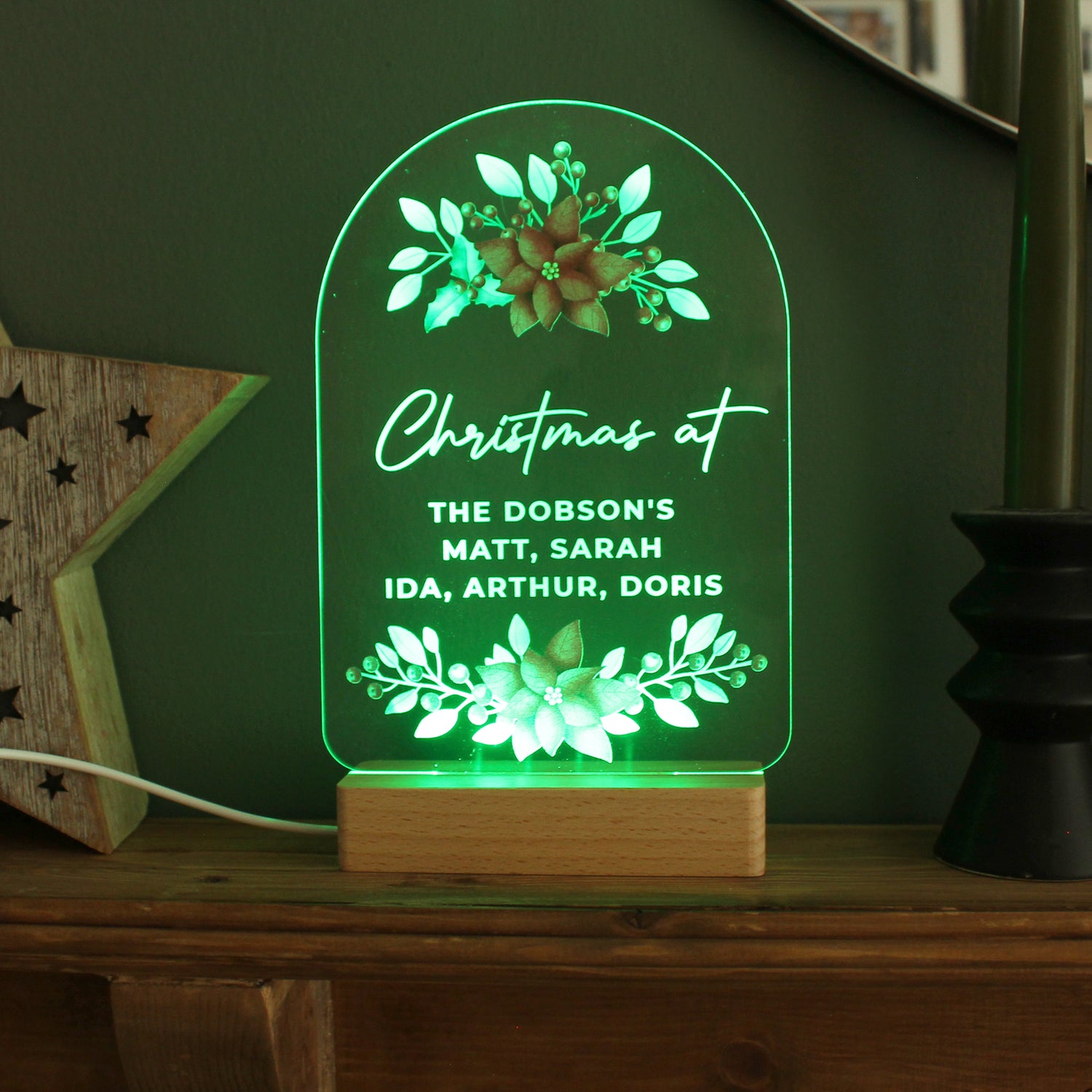 Personalised Christmas Poinsettia Wooden Based LED Light - gift & personalise