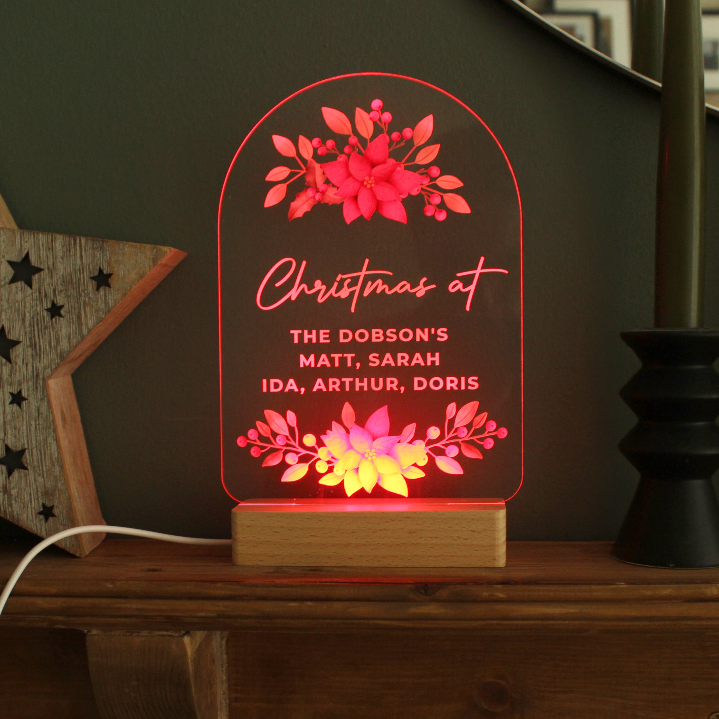 Personalised Christmas Poinsettia Wooden Based LED Light - gift & personalise