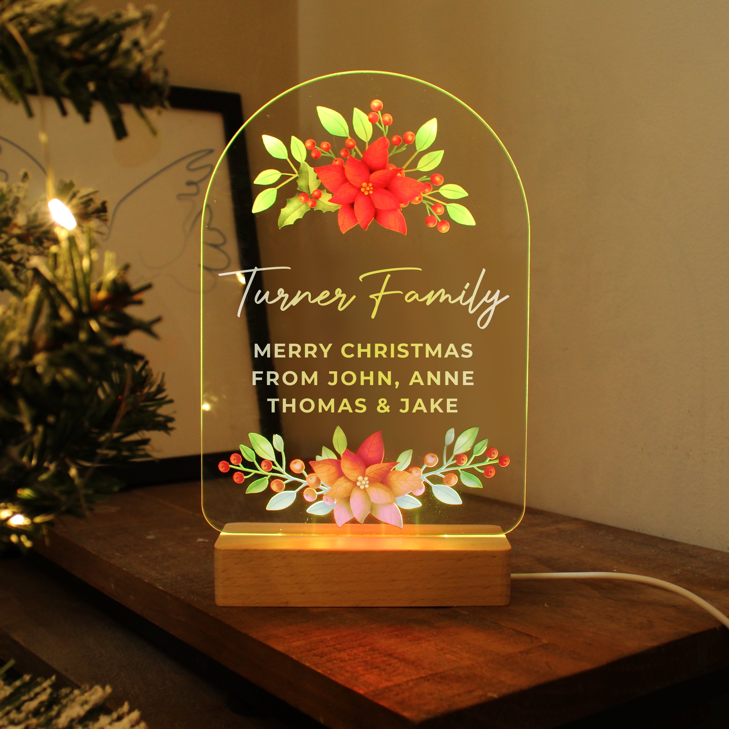 Personalised Christmas Poinsettia Wooden Based LED Light - gift & personalise