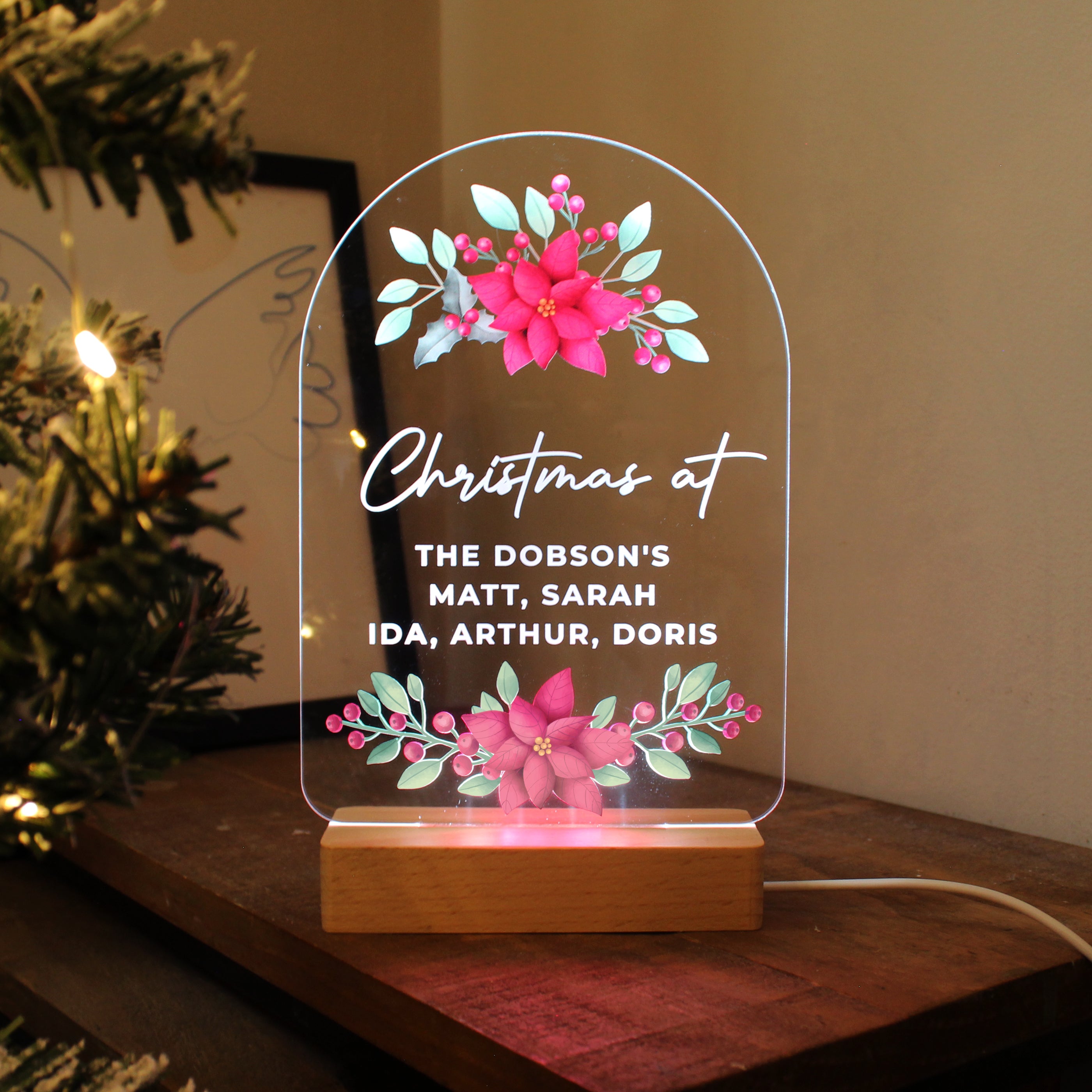 Personalised Christmas Poinsettia Wooden Based LED Light - gift & personalise