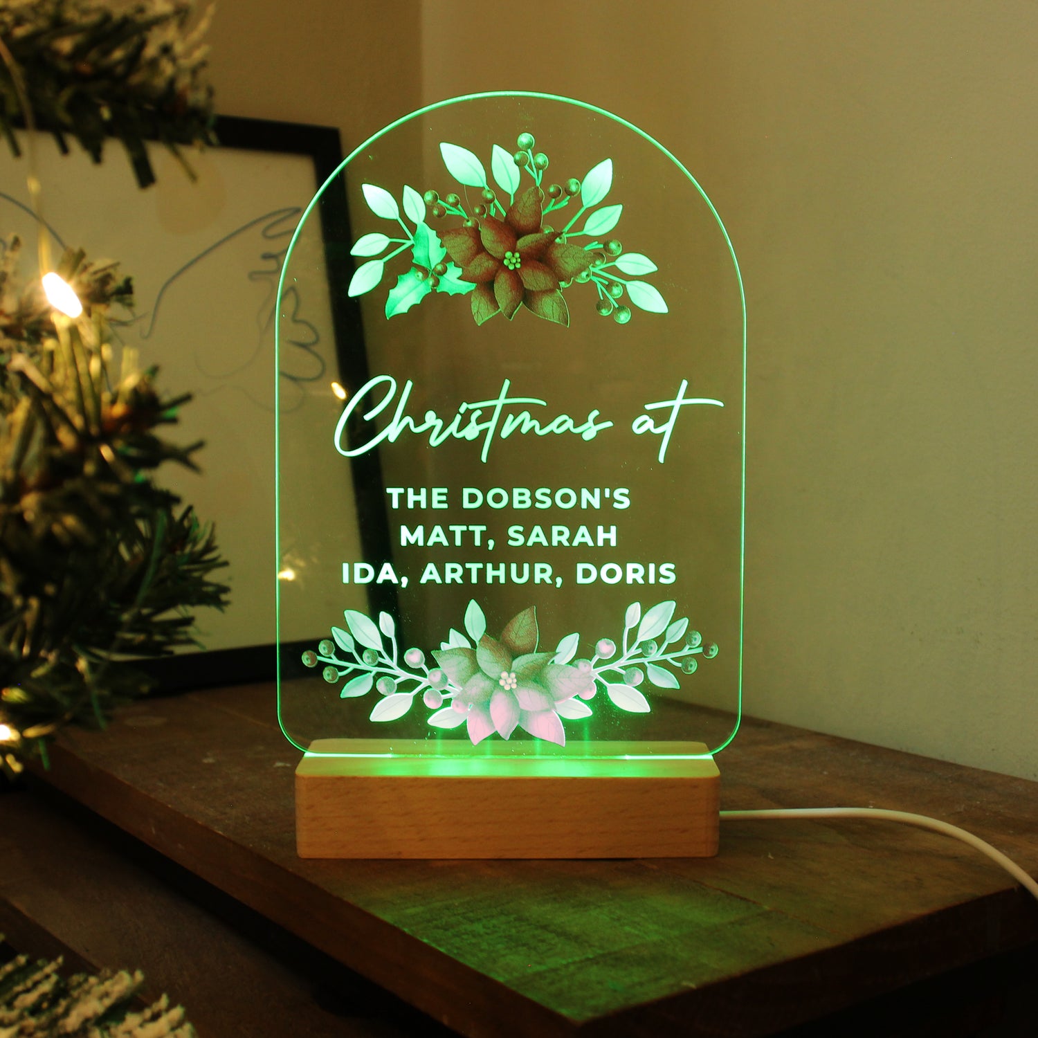 Personalised Christmas Poinsettia Wooden Based LED Light - gift & personalise