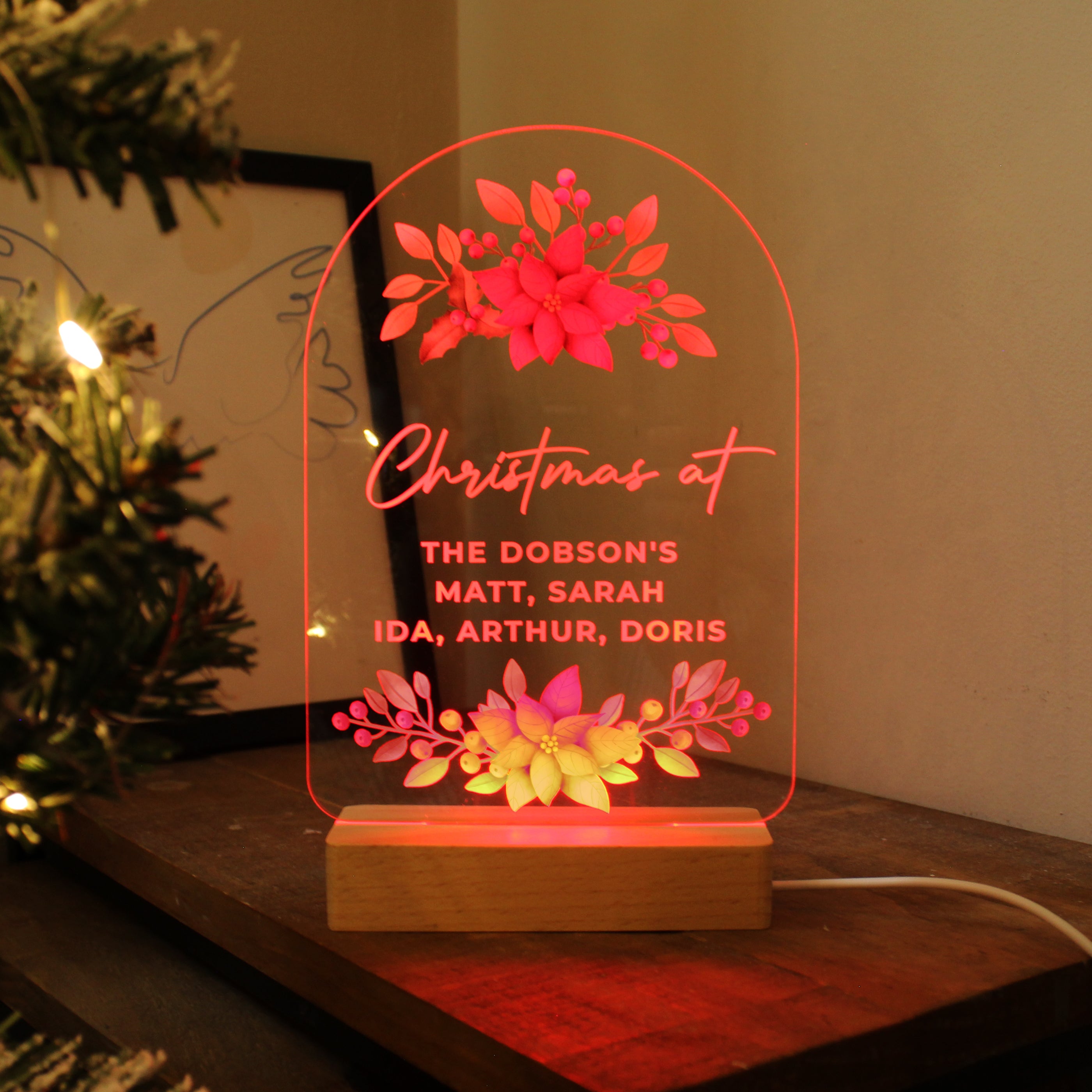 Personalised Christmas Poinsettia Wooden Based LED Light - gift & personalise