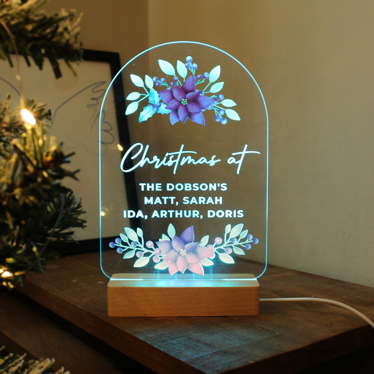 Personalised Christmas Poinsettia Wooden Based LED Light - gift & personalise