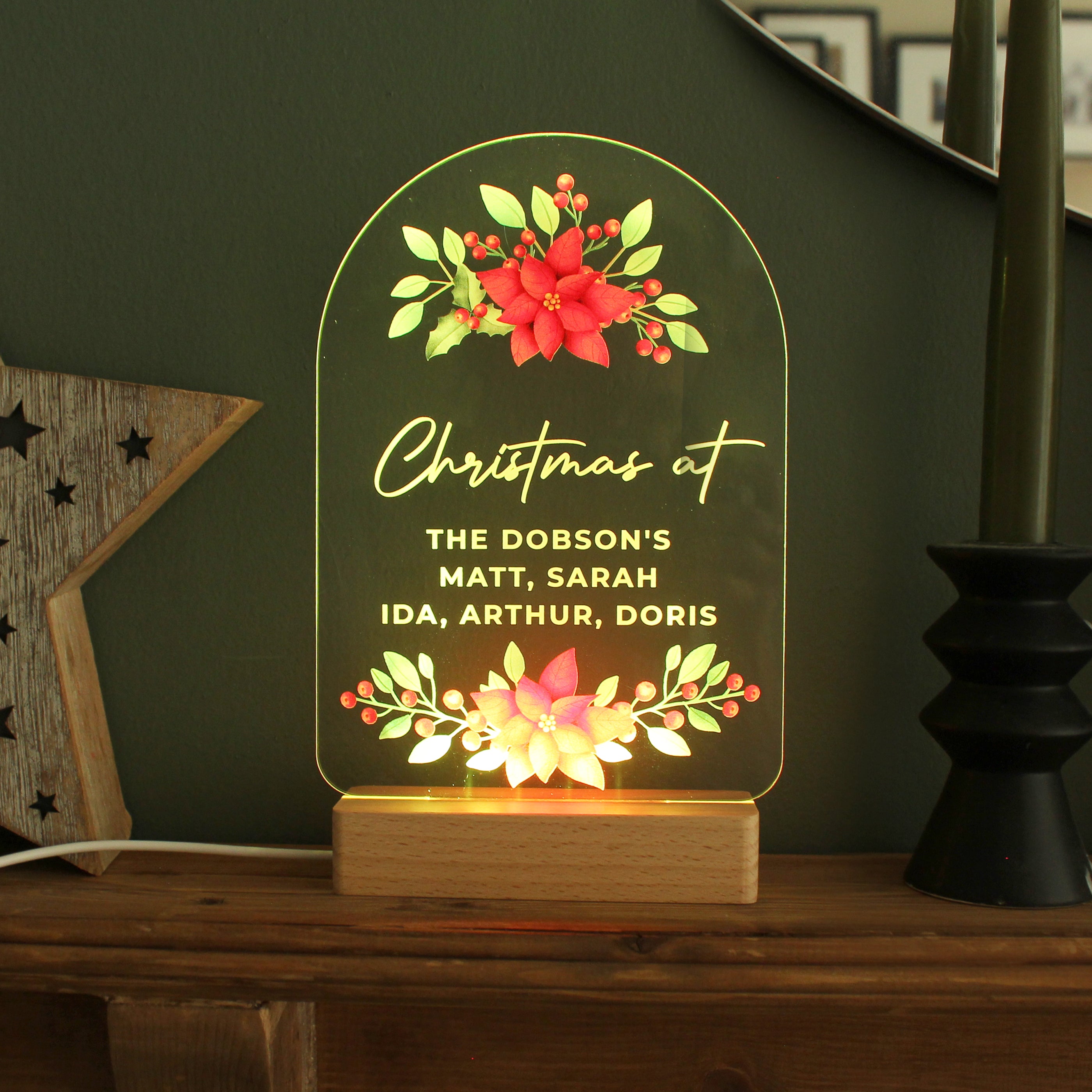 Personalised Christmas Poinsettia Wooden Based LED Light - gift & personalise