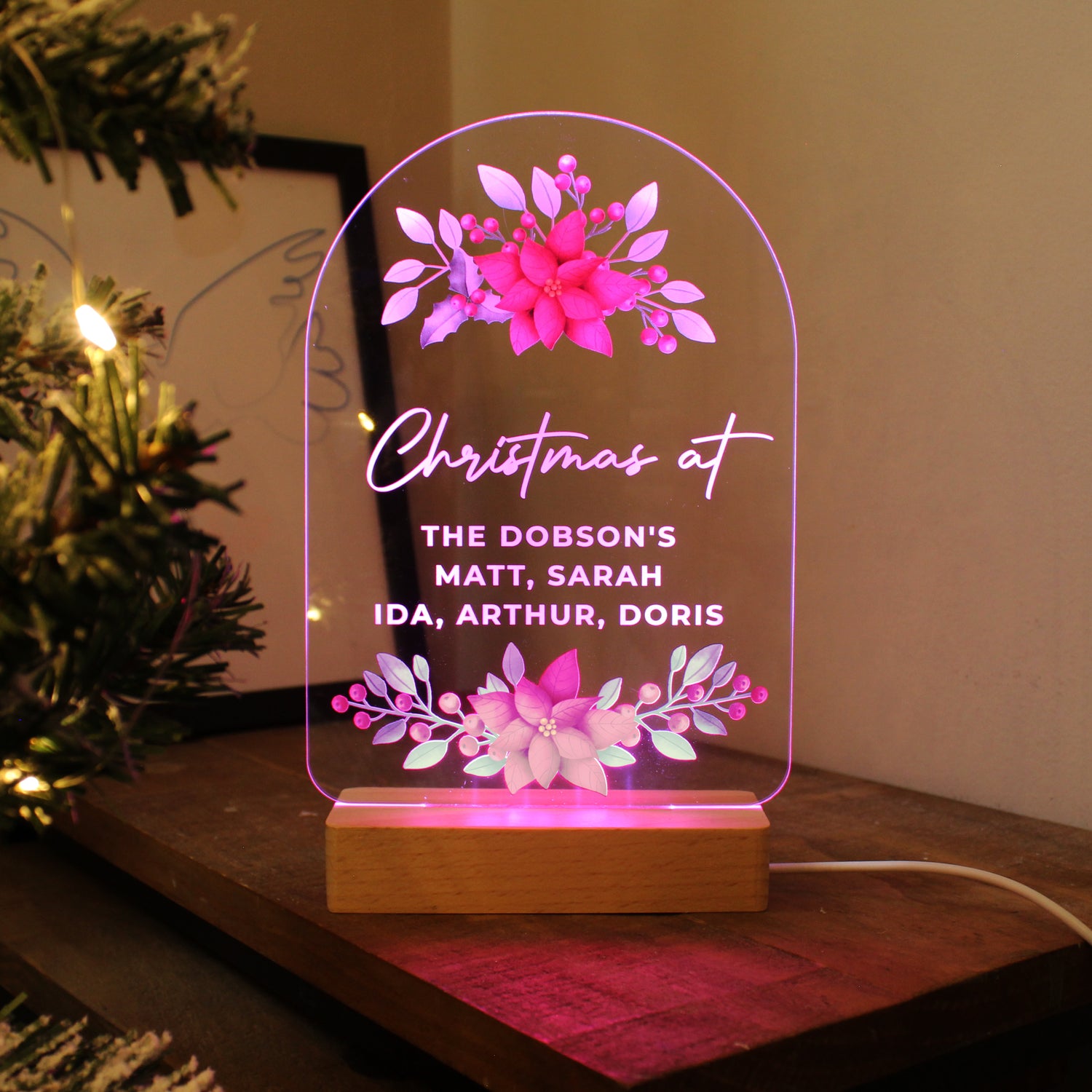 Personalised Christmas Poinsettia Wooden Based LED Light - gift & personalise