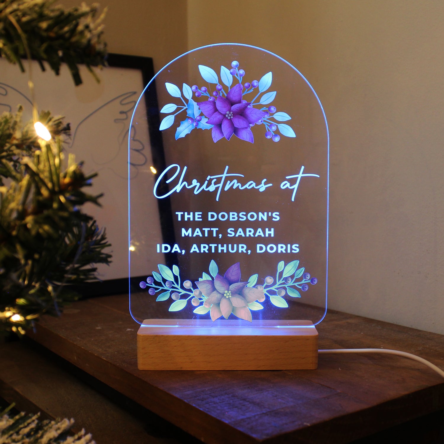 Personalised Christmas Poinsettia Wooden Based LED Light - gift & personalise