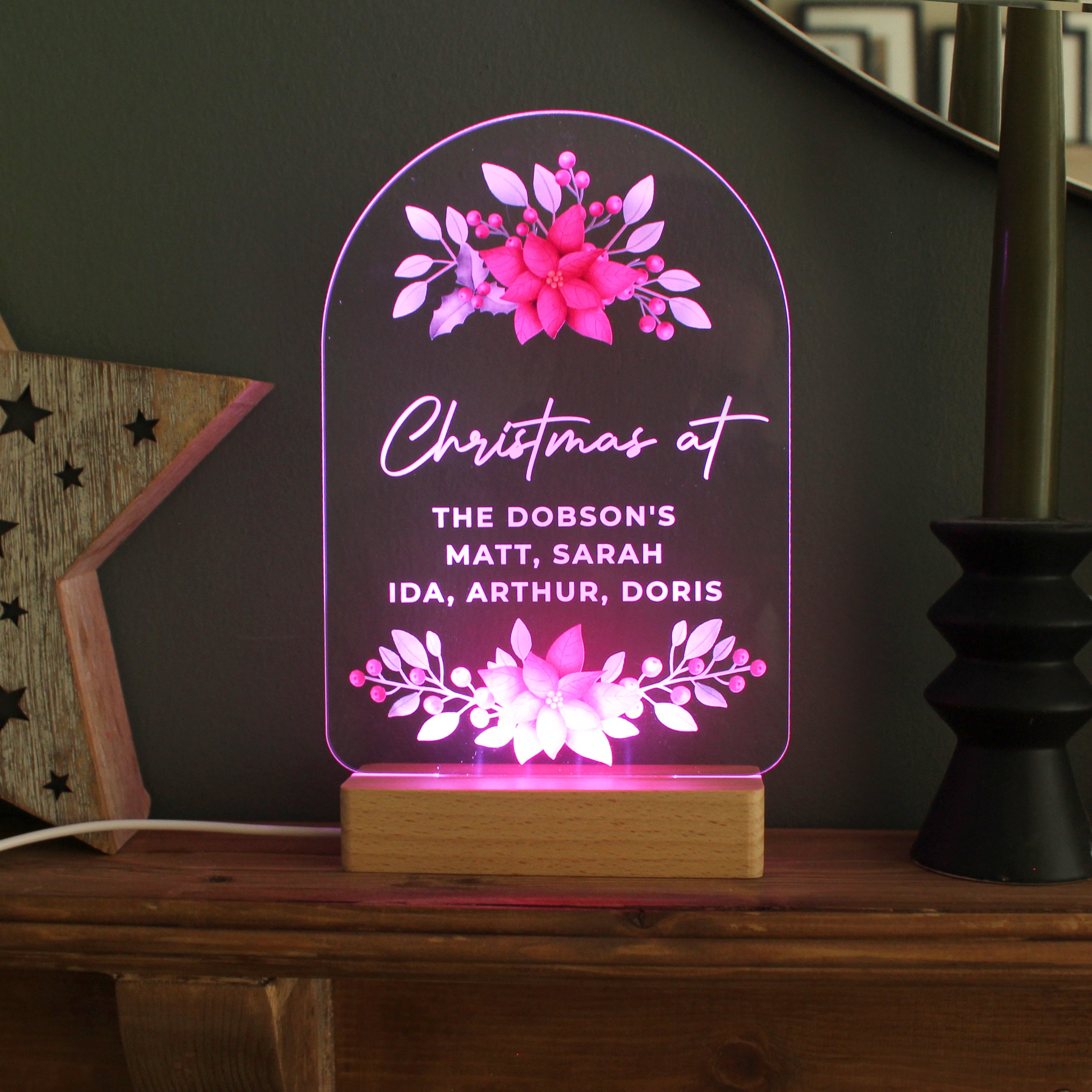 Personalised Christmas Poinsettia Wooden Based LED Light - gift & personalise