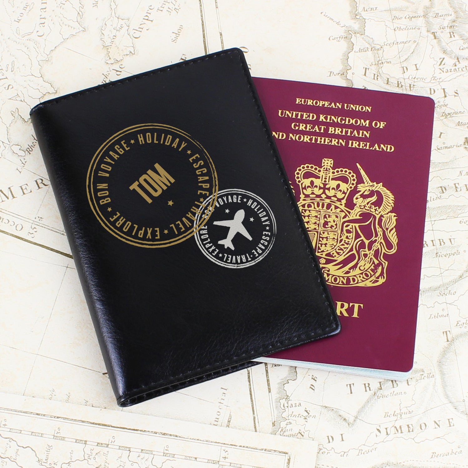 Personalised Stamped Black Passport Holder - gift & personalise