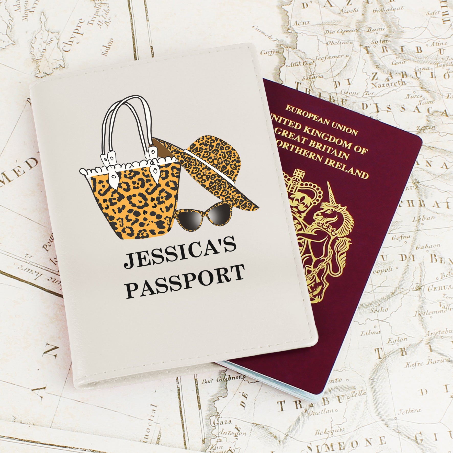 Personalised Leopard Print Cream Passport Holder - gift & personalise