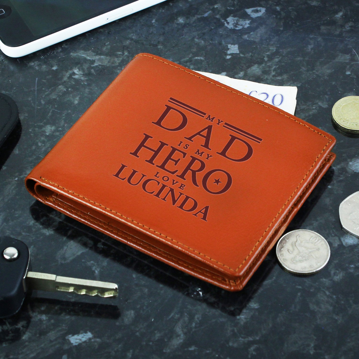 Personalised My Dad is My Hero Tan Leather Wallet - gift & personalise