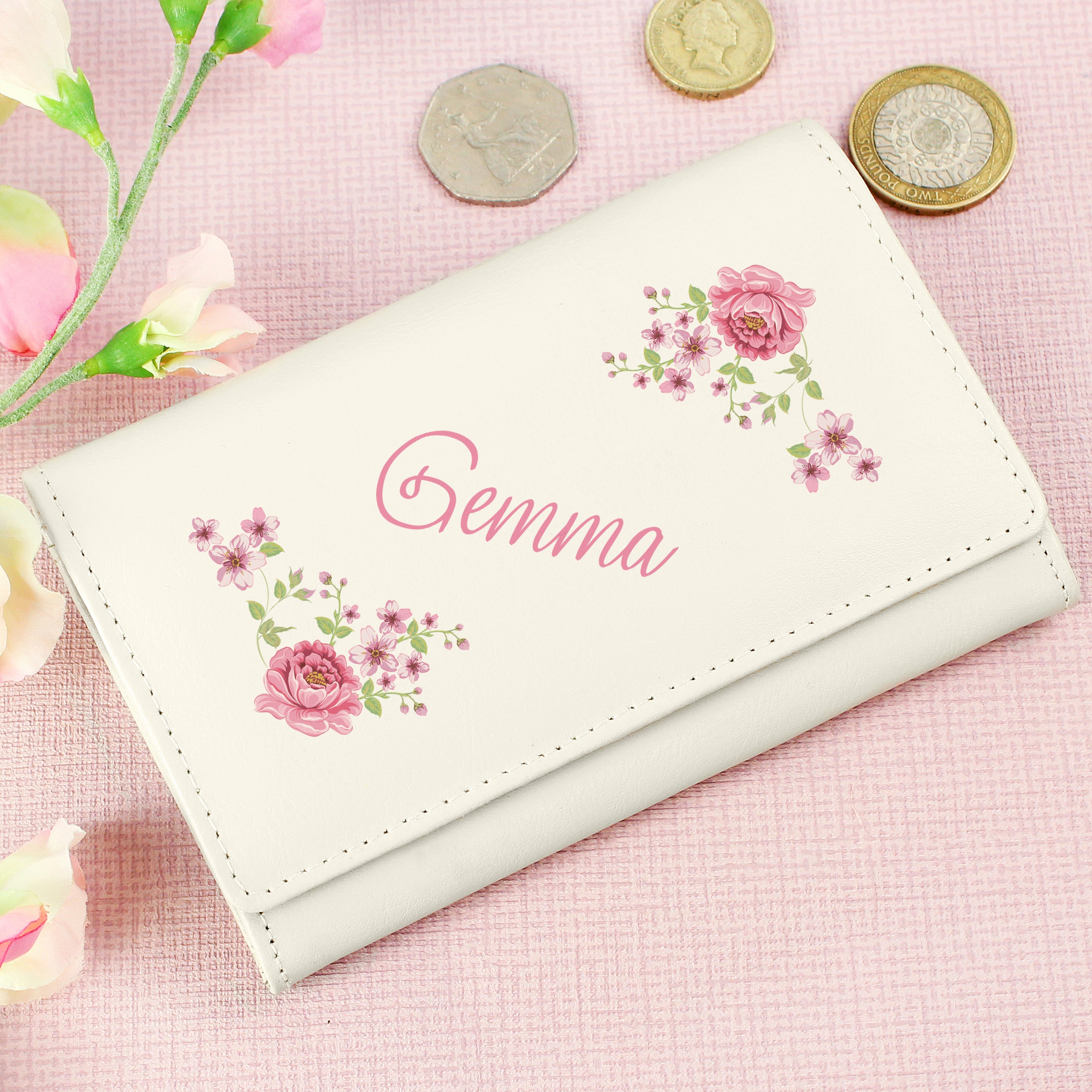 Personalised Floral Cream Leather Purse - gift & personalise