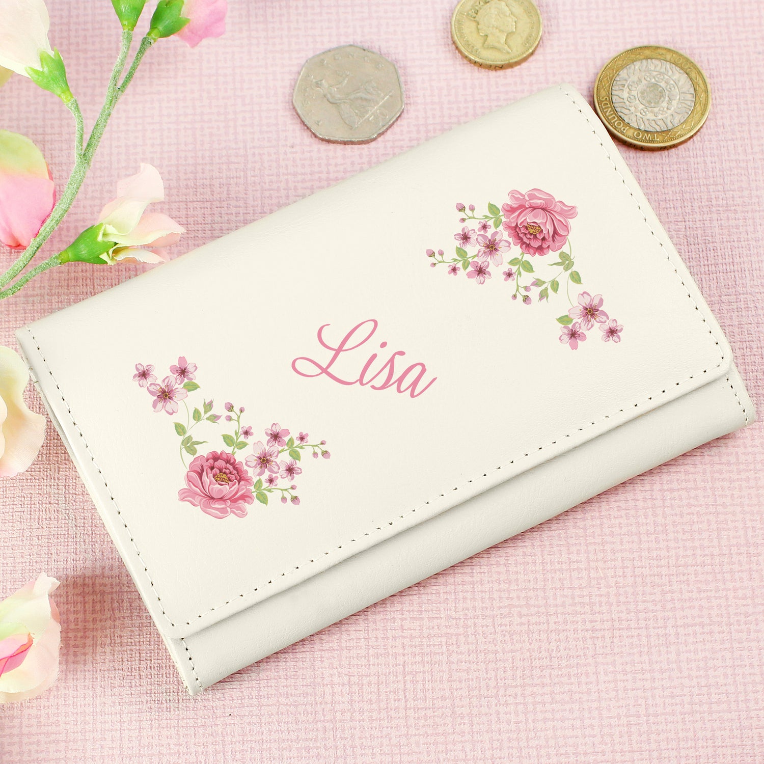 Personalised Floral Cream Leather Purse - gift & personalise