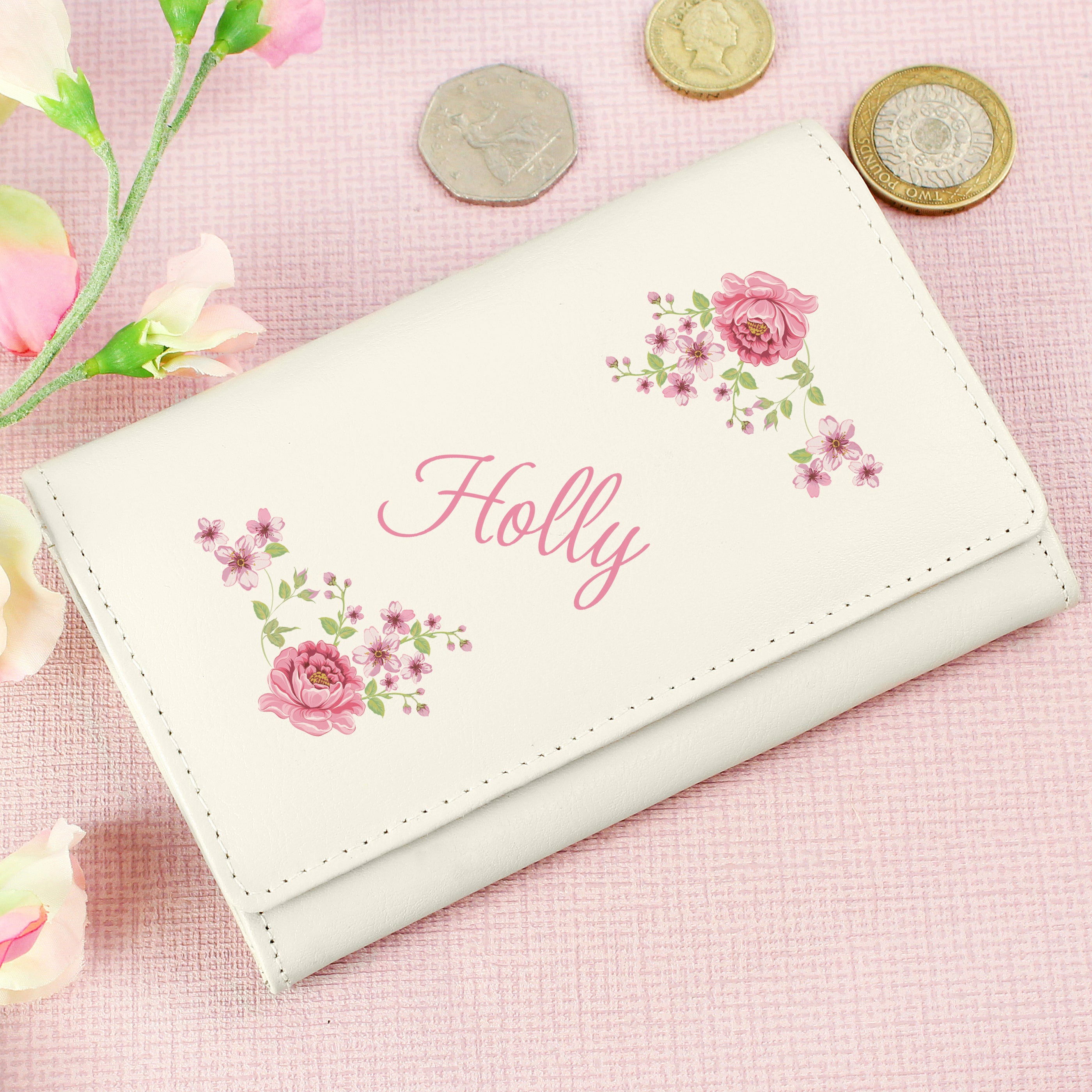 Personalised Floral Cream Leather Purse - gift & personalise