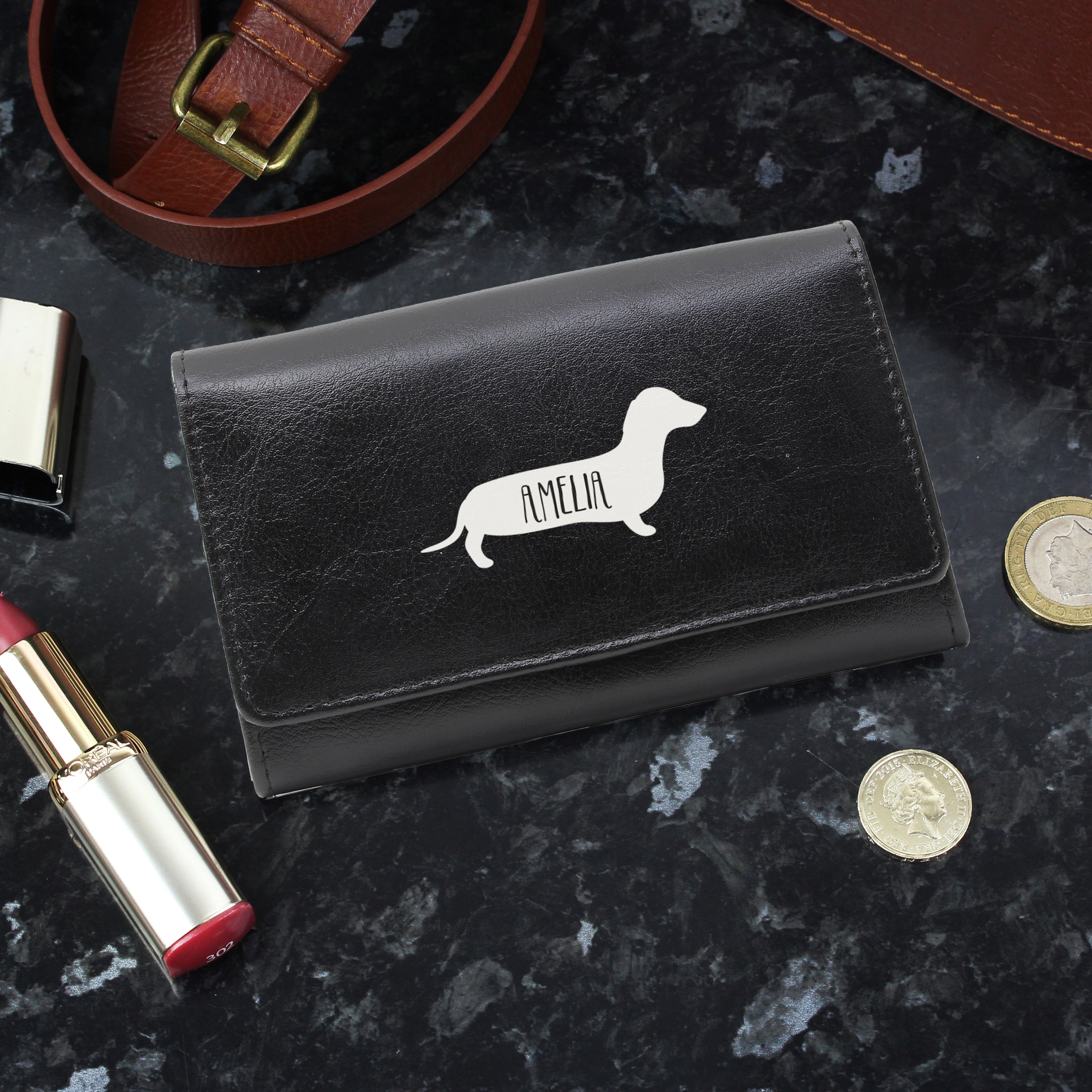 Personalised Sausage Dog Black Purse - gift & personalise