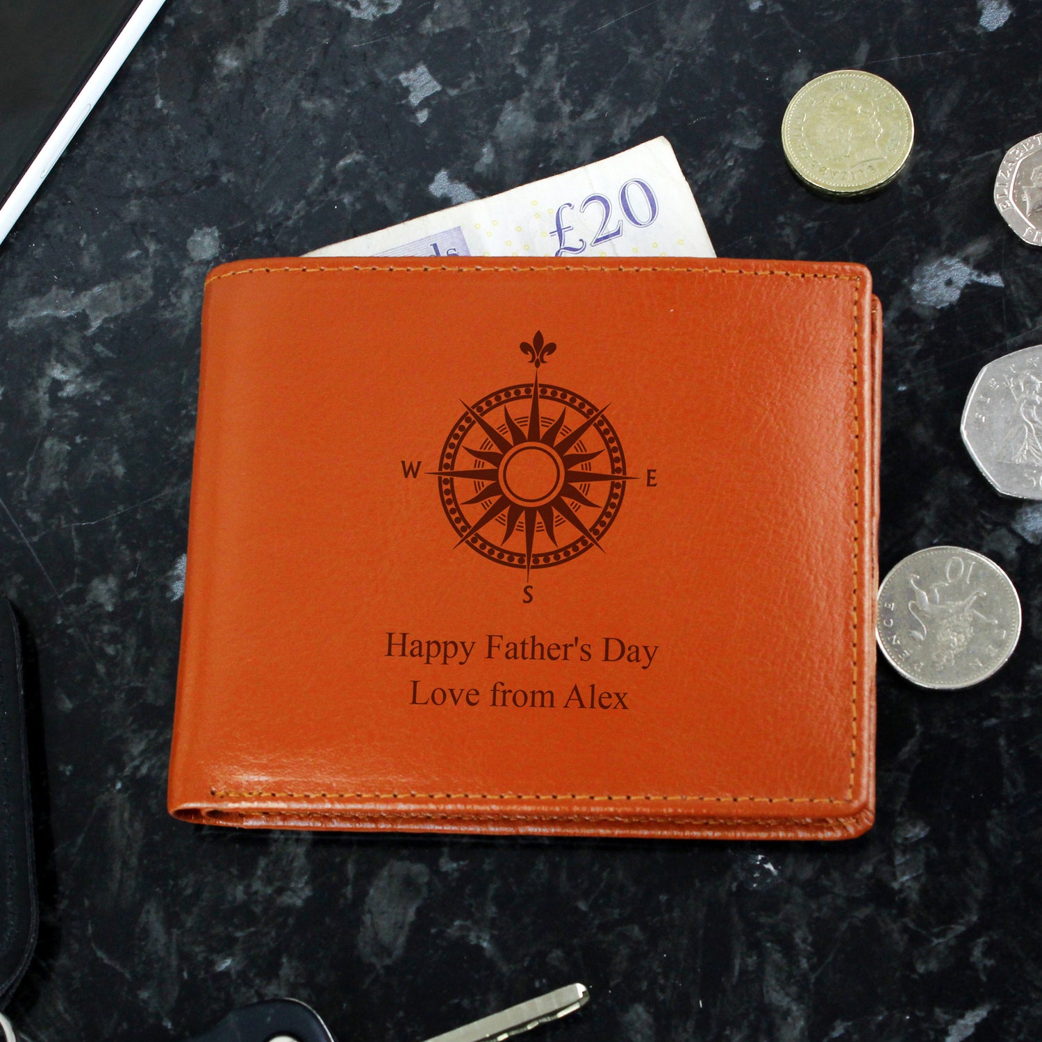 Personalised Compass Tan Leather Wallet - gift & personalise