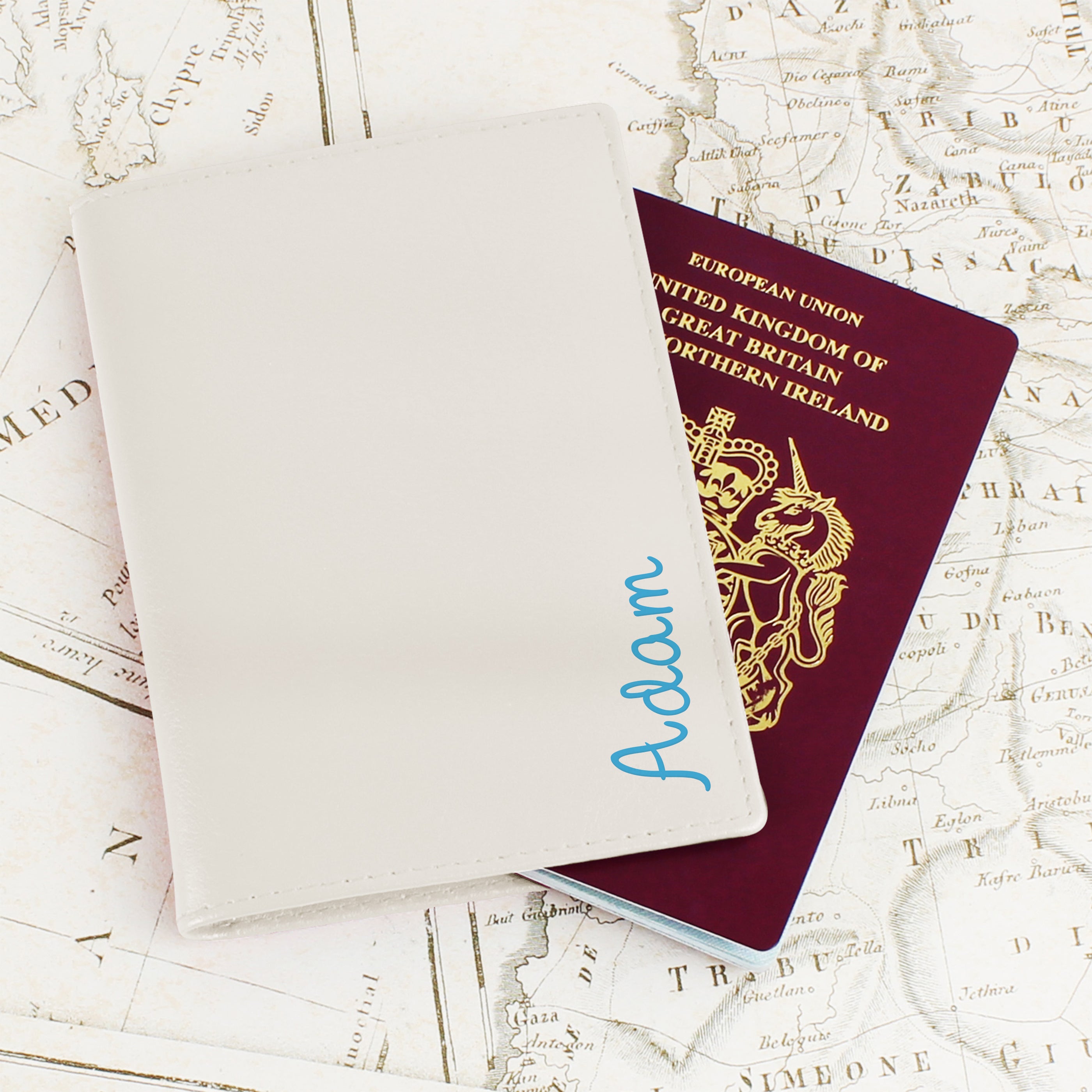 Personalised Blue Name Cream Passport Holder - gift & personalise