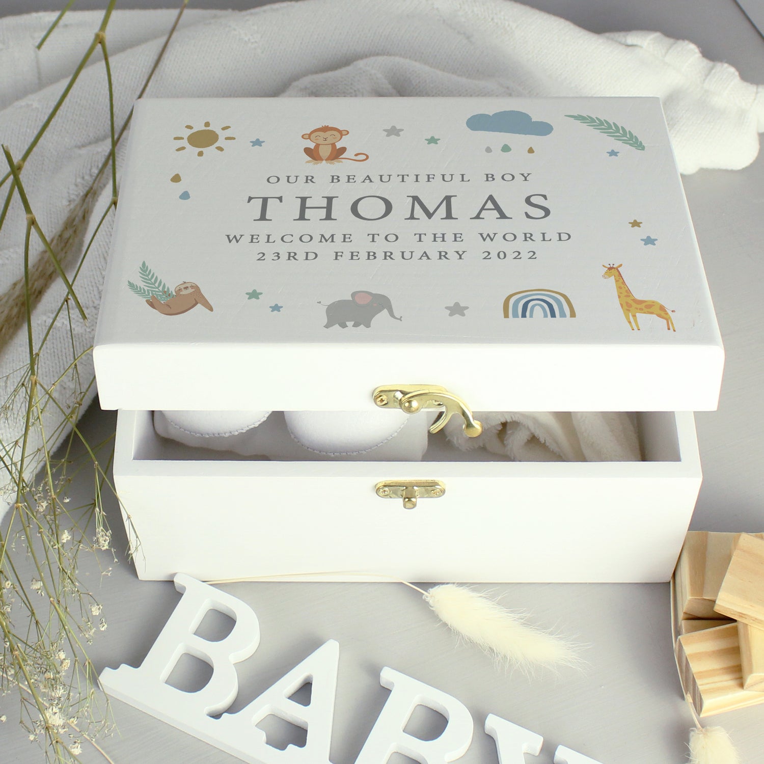 Personalised Safari Animals White Wooden Keepsake Box - gift & personalise