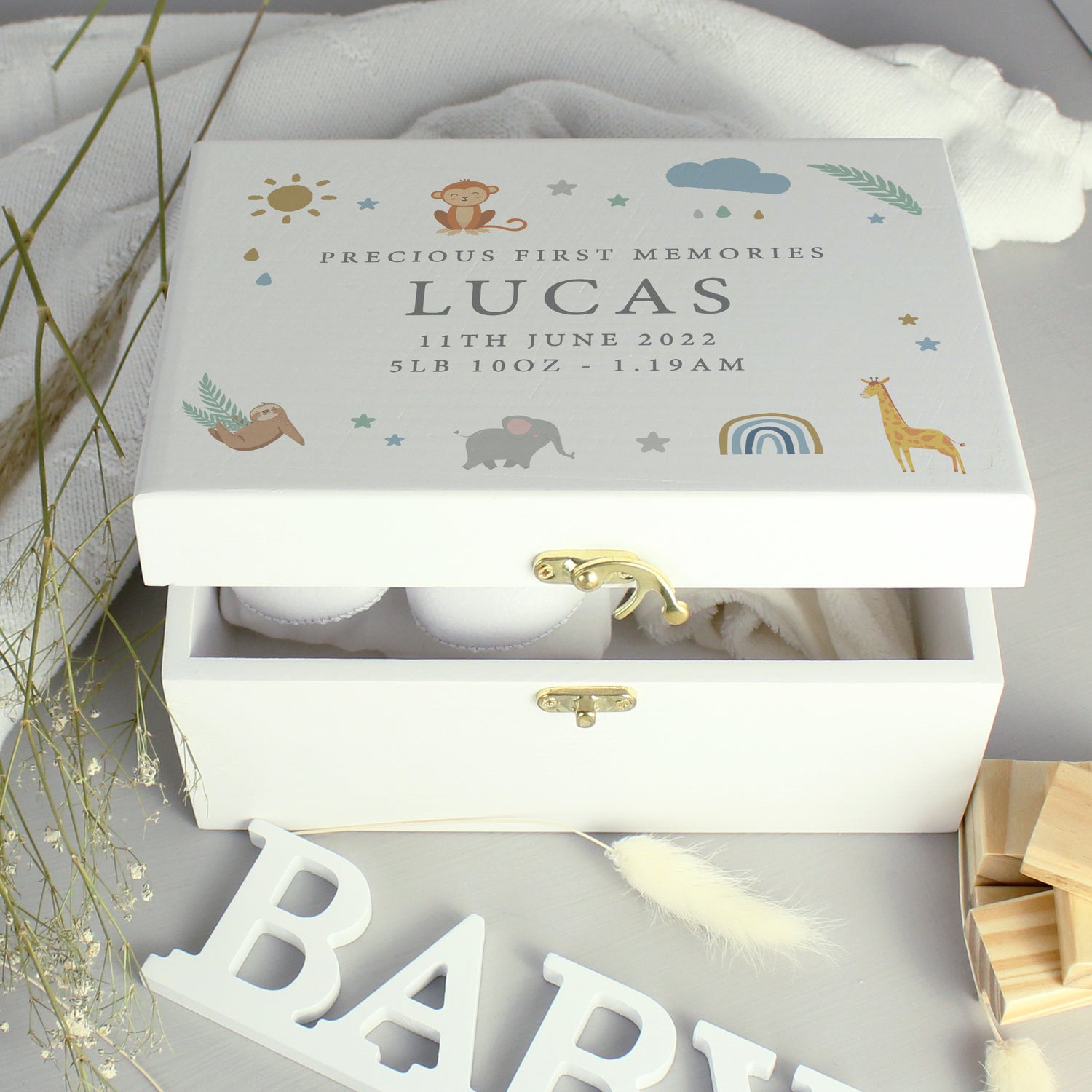 Personalised Safari Animals White Wooden Keepsake Box - gift & personalise