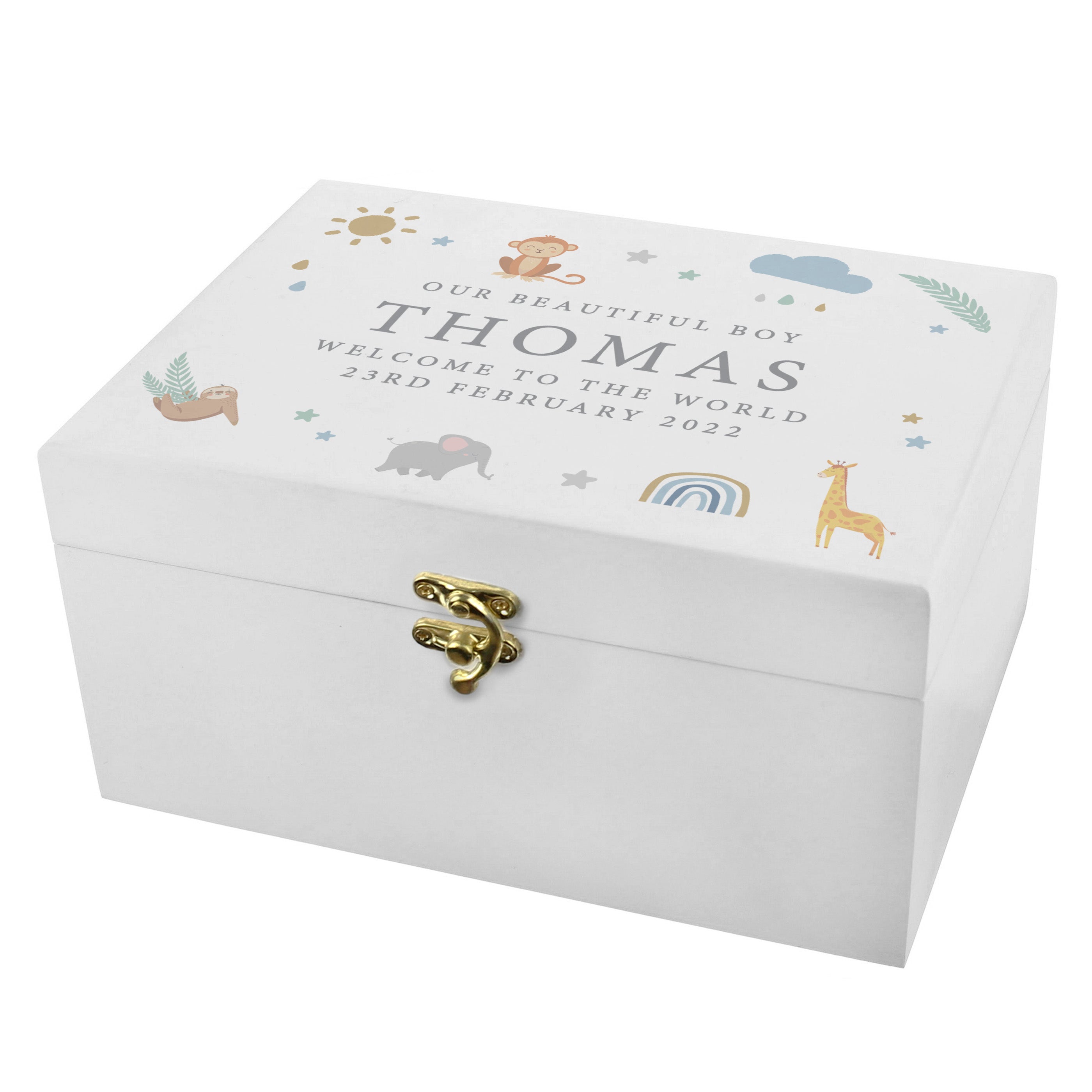 Personalised Safari Animals White Wooden Keepsake Box - gift & personalise