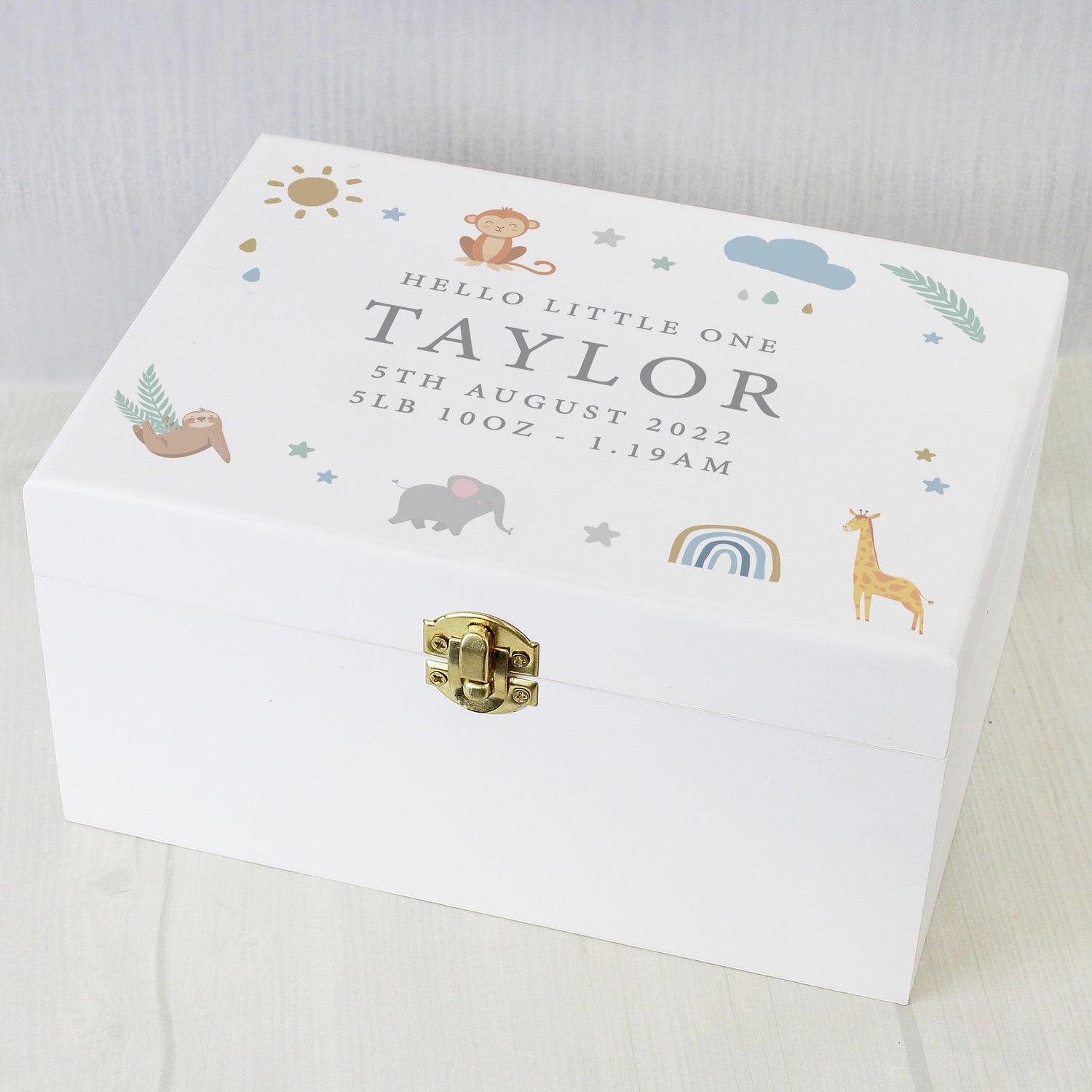 Personalised Safari Animals White Wooden Keepsake Box - gift & personalise