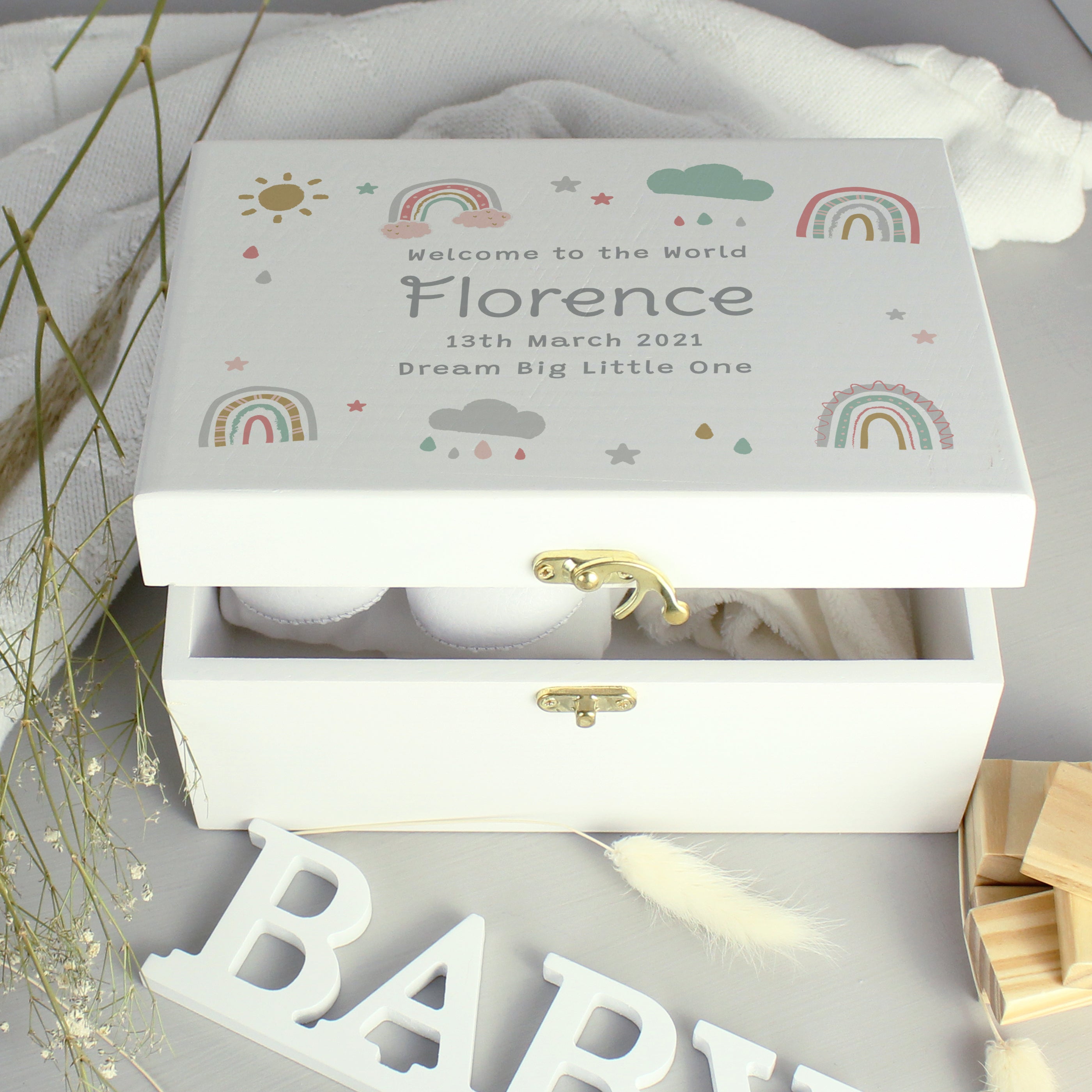 Personalised Rainbow White Wooden Keepsake Box - gift & personalise