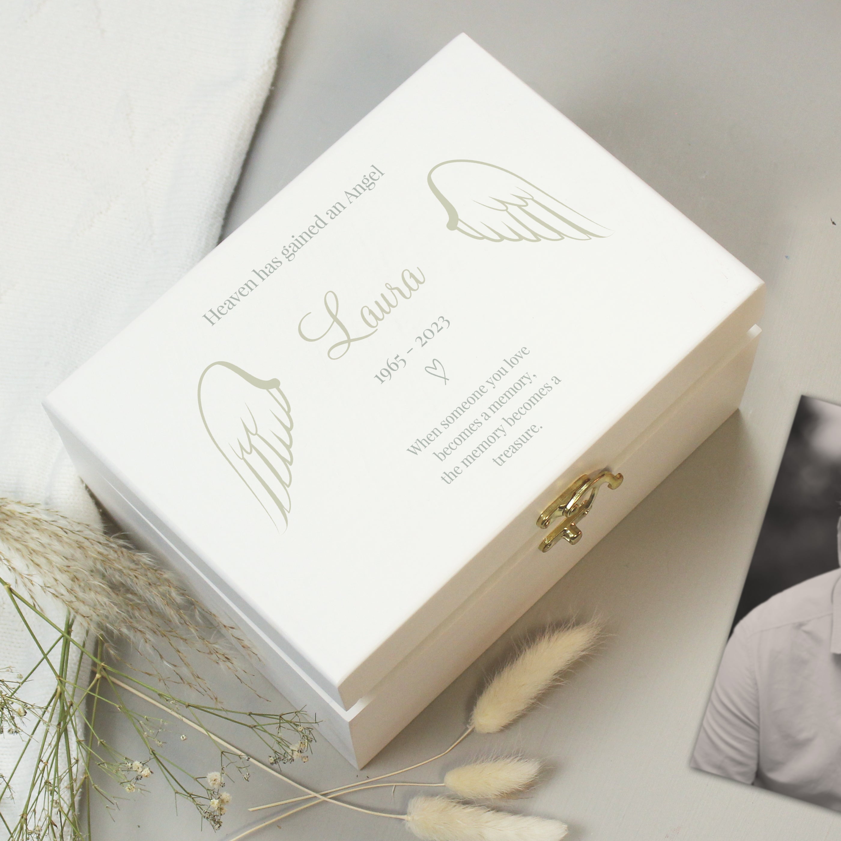 Personalised Angel Wings Memorial White Wooden Box - gift & personalise