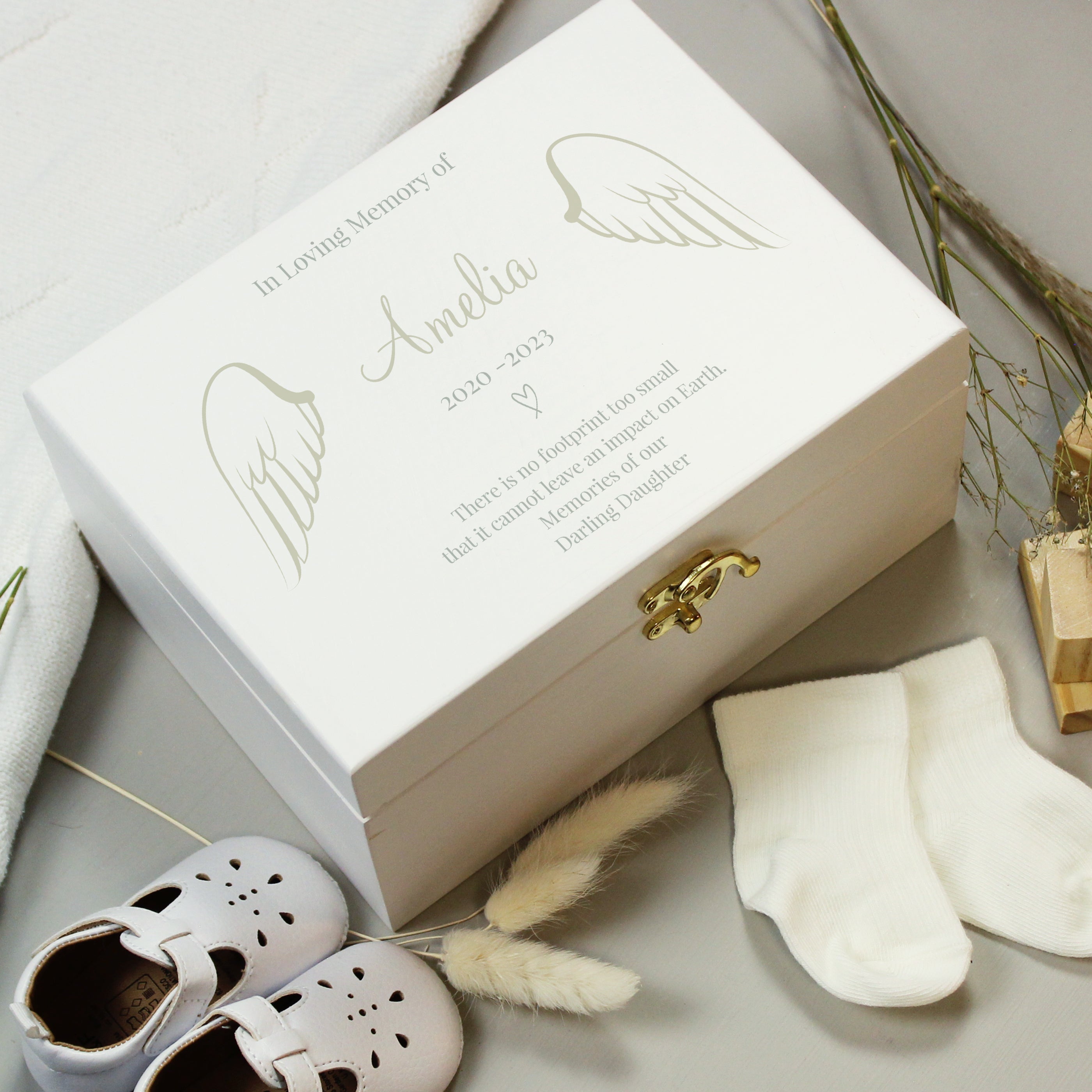 Personalised Angel Wings Memorial White Wooden Box - gift & personalise